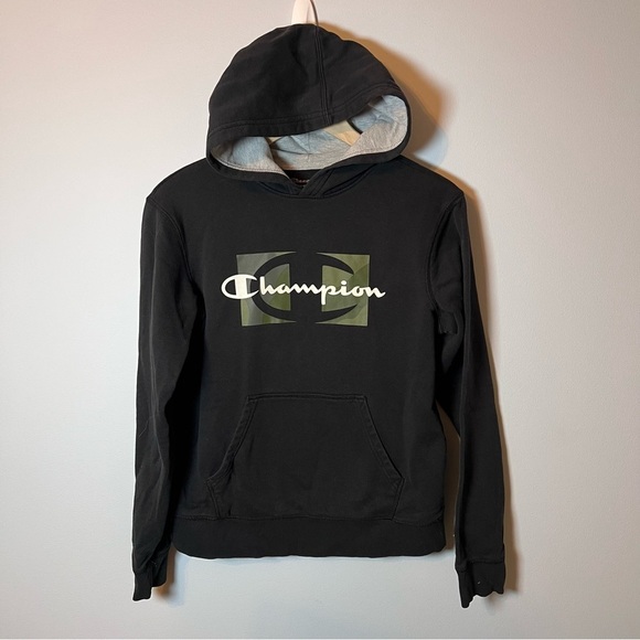 Champion Big‎ Boys XL Script Over Camo Fleece Hoodie Black Youth Sweatshirt - Picture 1 of 7
